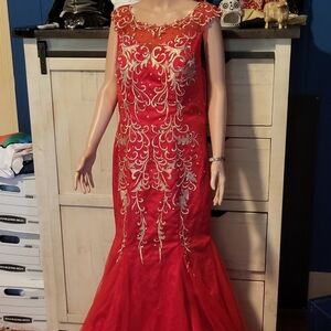 Elegant Red and Gold Evening Gown